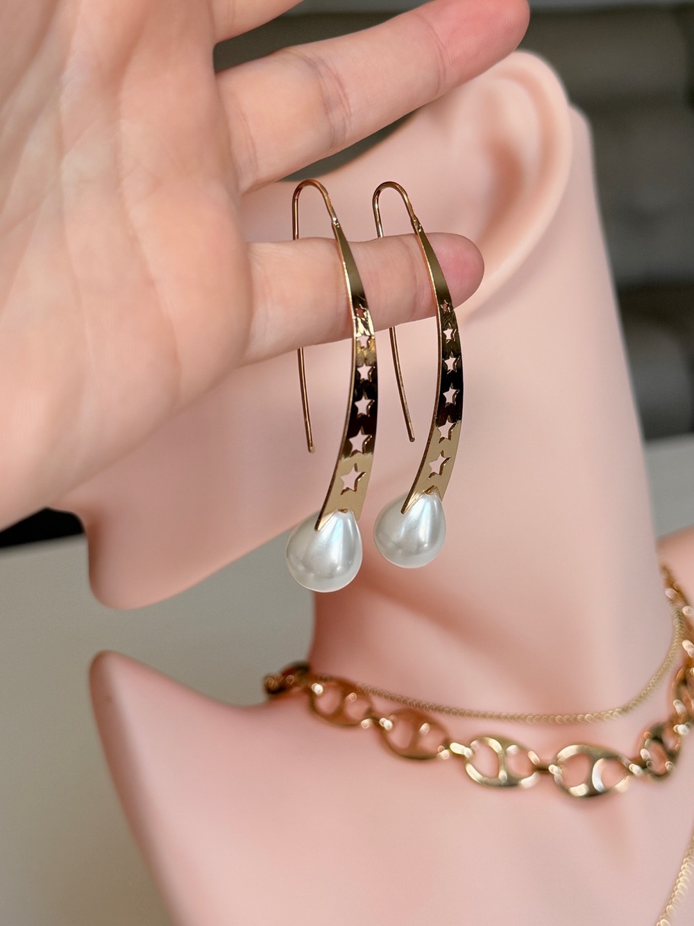 Gold Star Drop Earrings with Pearl Accent